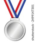 Realistic silver medal mockup. Silver medal with ribbon. Design winner silver medal prize. Winner award medal. Vector illustration