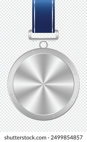 Realistic silver medal mockup. Silver medal with ribbon. Design winner silver medal prize. Winner award medal. Vector illustration