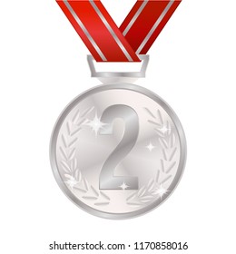realistic silver medal for sport or competition with laurel wreath and red ribbon. vector illustration