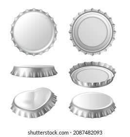 Realistic silver metal cap from beer bottle alcohol drink front and back, top and side view. Metallic lid for glass bottle of beverage. Vector illustration