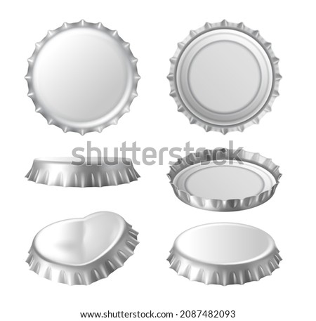 Realistic silver metal cap from beer bottle alcohol drink front and back, top and side view. Metallic lid for glass bottle of beverage. Vector illustration
