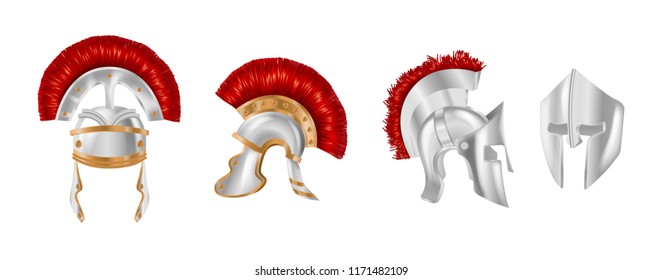 Realistic silver metal helmets in different angles. Military headgear of ancient Greece with brushes at the top, Spartan helmets of soldiers of gladiators. Vector illustration isolated.
