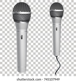 Realistic silver microphone isolated on transparent background. Professional karaoke microphone with wire. Vector illustration. Eps 10.