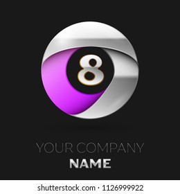 Realistic Silver Number Eight logo symbol in the colorful silver-purple circle shape on black background. Vector template for your design