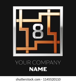 Realistic Silver Number Eight logo symbol in the silver-golden colorful square maze shape on black background. The logo symbolizes labyrinth, choice of right path. Vector template for your design
