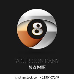 Realistic Silver Number Eight logo symbol in the colorful silver-golden circle shape on black background. Vector template for your design