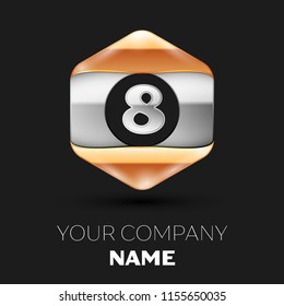 Realistic Silver Number Eight logo symbol in the colorful silver-golden hexagonal shape on black background. Vector template for your design
