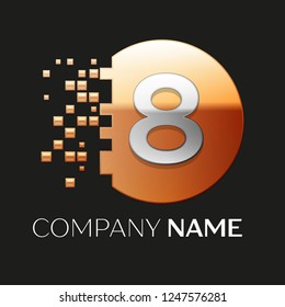 Realistic Silver Number Eight logo symbol in the golden colorful pixel circle shape with shattered blocks on black background. Vector template for your design