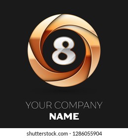 Realistic Silver Number Eight logo symbol in the golden colorful circle shape on black background. Vector template for your design