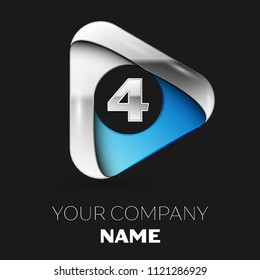 Realistic Silver Number Four logo symbol in silver-blue triangle shape on black background. Vector template for your design