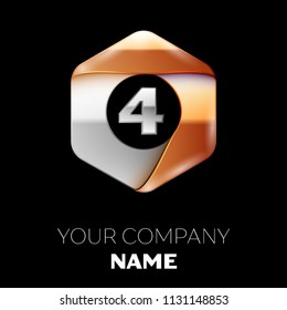Realistic Silver Number Four logo symbol in the colorful silver-golden hexagonal shape on black background. Vector template for your design