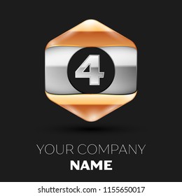 Realistic Silver Number Four logo symbol in the colorful silver-golden hexagonal shape on black background. Vector template for your design