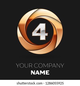 Realistic Silver Number Four logo symbol in the golden colorful circle shape on black background. Vector template for your design