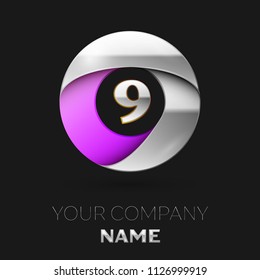 Realistic Silver Number Nine logo symbol in the colorful silver-purple circle shape on black background. Vector template for your design
