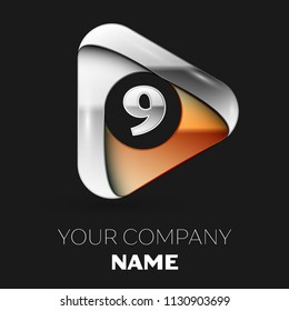 Realistic Silver Number Nine logo symbol in golden-silver triangle shape on black background. Vector template for your design