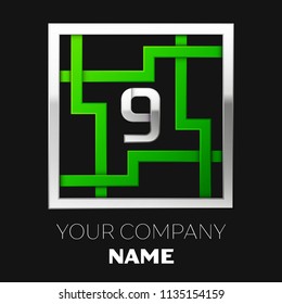 Realistic Silver Number Nine logo symbol in the silver-green colorful square maze shape on black background. The logo symbolizes labyrinth, choice of right path. Vector template for your design