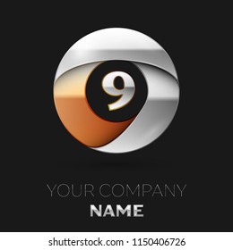 Realistic Silver Number Nine logo symbol in the colorful silver-golden circle shape on black background. Vector template for your design