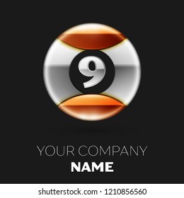 Realistic Silver Number Nine logo symbol in the silver-golden colorful circle shape on black background. Vector template for your design
