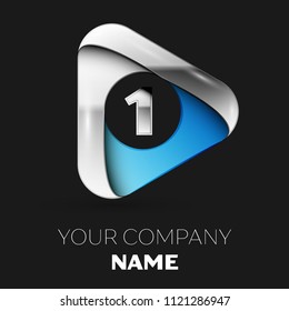 Realistic Silver Number One logo symbol in silver-blue triangle shape on black background. Vector template for your design