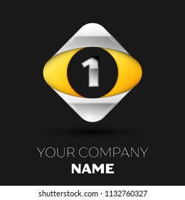 Realistic Silver Number One logo symbol in the colorful silver-yellow square shape on black background. Vector template for your design