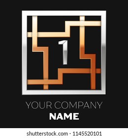 Realistic Silver Number One logo symbol in the silver-golden colorful square maze shape on black background. The logo symbolizes labyrinth, choice of right path. Vector template for your design