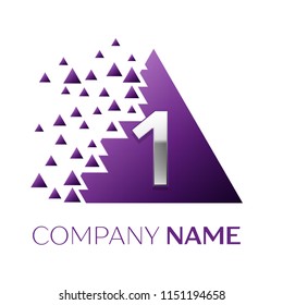 Realistic Silver Number One logo symbol in the purple colorful pixel triangle shape with shattered blocks on white background. Vector template for your design