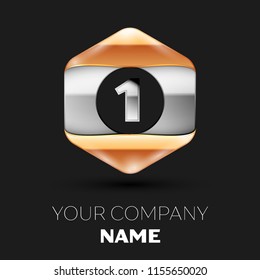 Realistic Silver Number One logo symbol in the colorful silver-golden hexagonal shape on black background. Vector template for your design