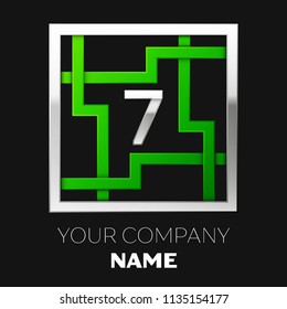 Realistic Silver Number Seven logo symbol in the silver-green colorful square maze shape on black background. The logo symbolizes labyrinth, choice of right path. Vector template for your design