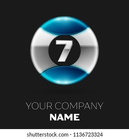 Realistic Silver Number Seven logo symbol in the silver-blue colorful circle shape on black background. Vector template for your design