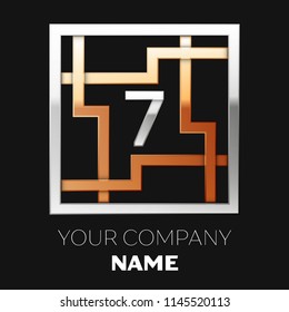 Realistic Silver Number Seven logo symbol in the silver-golden colorful square maze shape on black background. The logo symbolizes labyrinth, choice of right path. Vector template for your design