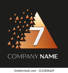 Realistic Silver Number Seven logo symbol in the golden colorful pixel triangle shape with shattered blocks on black background. Vector template for your design