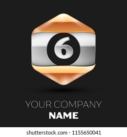 Realistic Silver Number Six logo symbol in the colorful silver-golden hexagonal shape on black background. Vector template for your design
