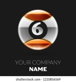 Realistic Silver Number Six logo symbol in the silver-golden colorful circle shape on black background. Vector template for your design