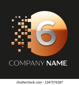 Realistic Silver Number Six logo symbol in the golden colorful pixel circle shape with shattered blocks on black background. Vector template for your design