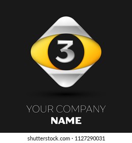 Realistic Silver Number Three logo symbol in the colorful silver-yellow square shape on black background. Vector template for your design