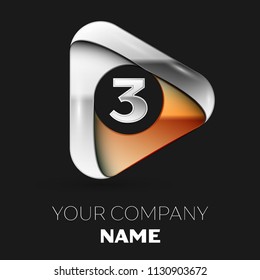Realistic Silver Number Three logo symbol in golden-silver triangle shape on black background. Vector template for your design