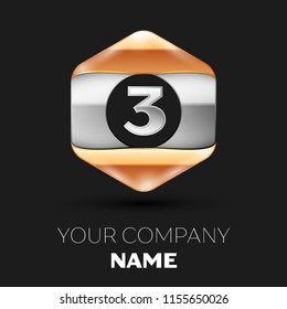 Realistic Silver Number Three logo symbol in the colorful silver-golden hexagonal shape on black background. Vector template for your design