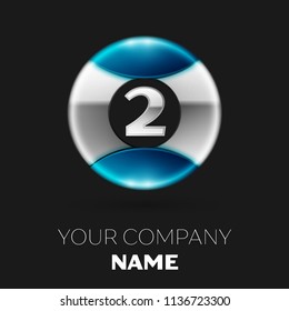 Realistic Silver Number Two logo symbol in the silver-blue colorful circle shape on black background. Vector template for your design