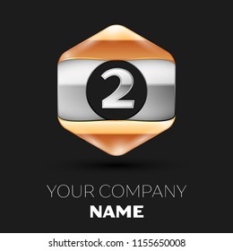 Realistic Silver Number Two logo symbol in the colorful silver-golden hexagonal shape on black background. Vector template for your design