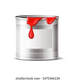 Realistic silver paint can, blank aluminium tin, bucket with red paint. Vector paint container for home renovation, redecoration and wall painting.