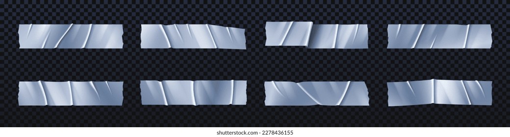 Realistic silver paper duct tape vector strip set. 3d ripped adhesive sticker texture collection on transparent background. Torn corner glued scotch stick with wrinkle. Packaging clear label clipart.