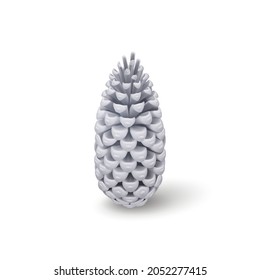 Realistic Silver Pine Cone. Single Decorative Woody Fruit of a Conifer Tree. Christmas Decoration, Holiday Decorative Concept
