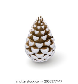 Realistic Silver Pine Cone. Single Decorative Woody Fruit of a Conifer Tree. Design Element for Christmas Themes, or Postcards on White Background