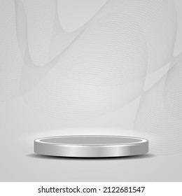 Realistic silver product display podium with abstract lines background.