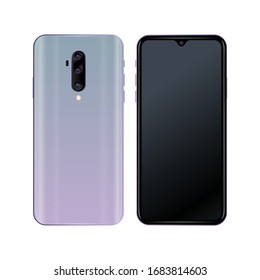 Realistic silver purple colour smartphone with 3 camera lens.
