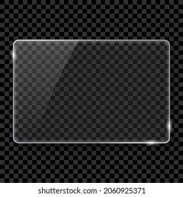 Realistic Silver Rectangle Frame Glass. Glass Plate on Dark Transparent Background. Clear Shiny Frame Glass Texture with Glossy Effect for Decoration and Covering. Isolated Vector Illustration.