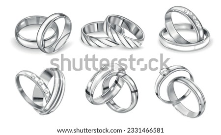Realistic silver rings set of isolated images with luxury monochrome rings in pairs on blank background vector illustration
