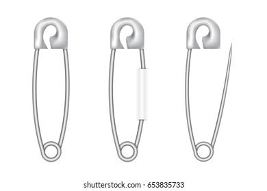  Realistic silver safety pin. Vector illustration.