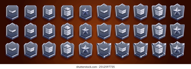 Realistic silver set of game rank badge. Vector illustration of hexagonal silvered emblems decorated with stars and spikes. Badge of achievement, award for victory, level emblem.