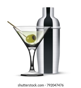 Realistic Silver Shaker Whith Glass Of Martini Isolated On White. Vector illustration.
